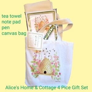 Alice's Cottage 4 Piece Gift Set Towel, Note Pad, Pen, & Canvas Bag NWT Bee Skep